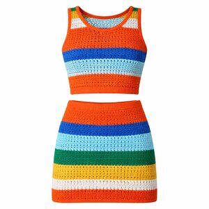 Colorful Striped Crochet Tank Top and Skirt Set Small Boho Hippie Festival Beach
